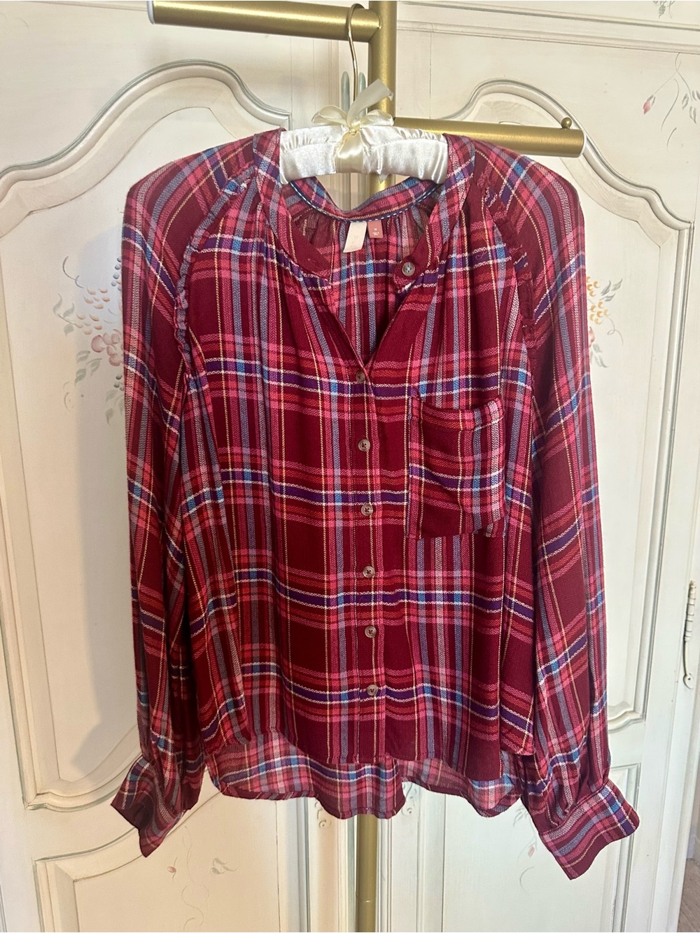 Pilcro Berry Plaid Button-Down Shirt With Subtle Ruffle Detailing
